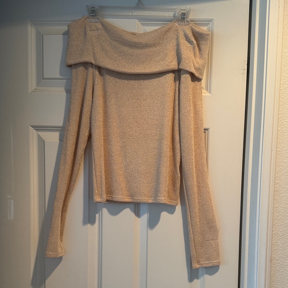 a'gaci Cream Off-the-Shoulder Sweater with Fold-Over Neckline